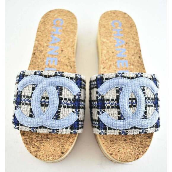 Chanel 20P Blue Tweed Denim CC Logo Cork Mule Slide Slip Platform Sandal Flat 41 - Picture 1 of 9